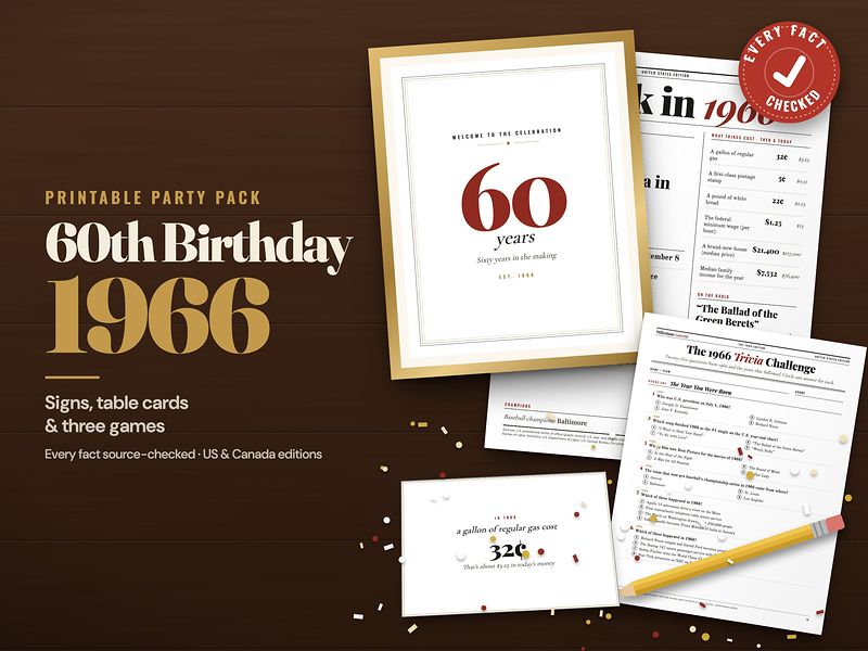 1966 party pack: welcome signs, table cards and three games