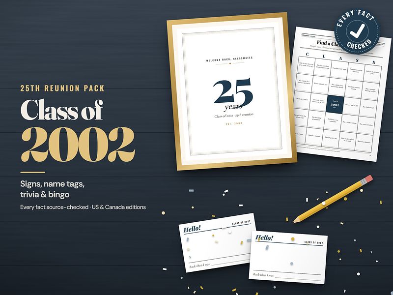Class of 2002 reunion pack: signs, name tags, trivia and bingo